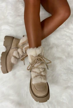 Take Your Chance Cream Faux Fur Lace Up Boots