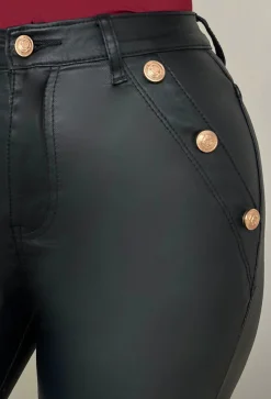 Talya Black Faux Leather Button Front Flared Trousers