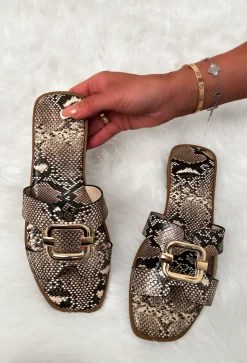 Tame Her Brown Snakeskin Gold Detail Sliders