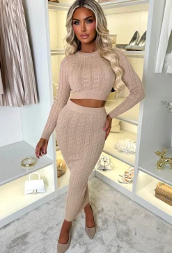 Tell Me Everything Camel Ultra Soft Cable Jumper And Skirt Co-Ord Set