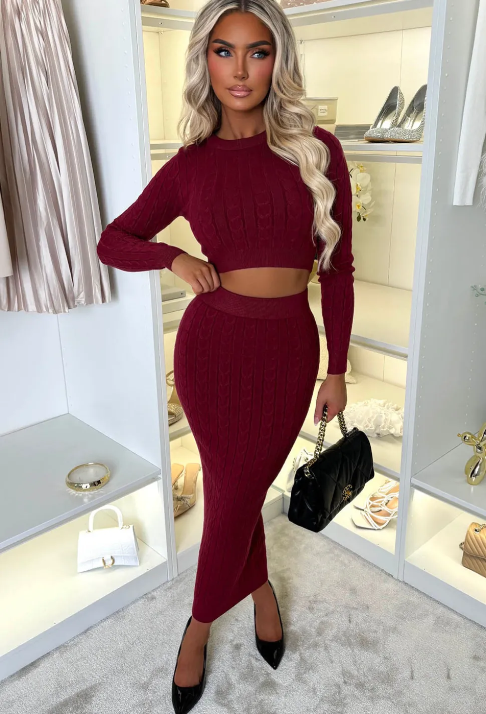 Tell Me Everything Wine Ultra Soft Cable Jumper And Skirt Co-Ord Set