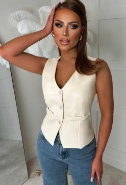 Tempting Touch Nude Faux Leather Button Waistcoat