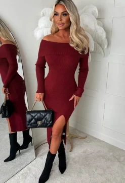 That's Luxe Red Bardot Ultra Soft Midi Knitted Dress
