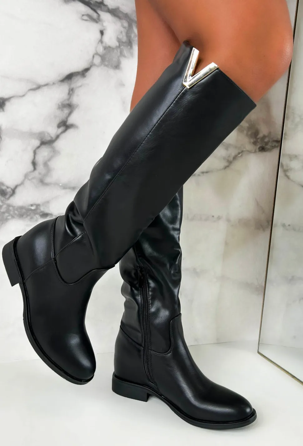 The Main Season Black Gold Detail Flat Knee High Boots