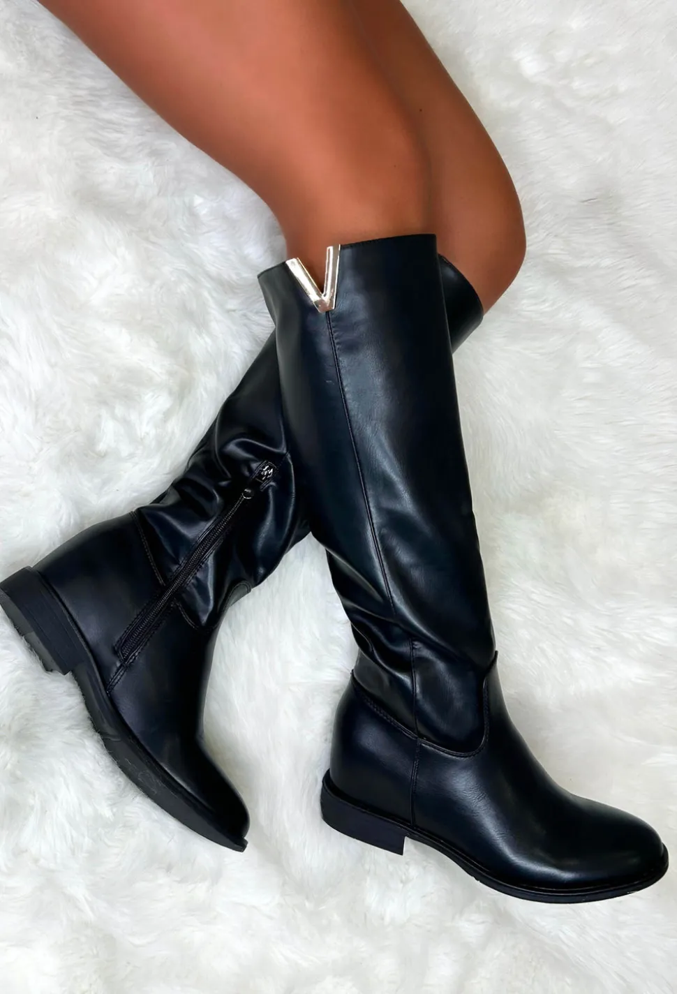 The Main Season Black Gold Detail Flat Knee High Boots