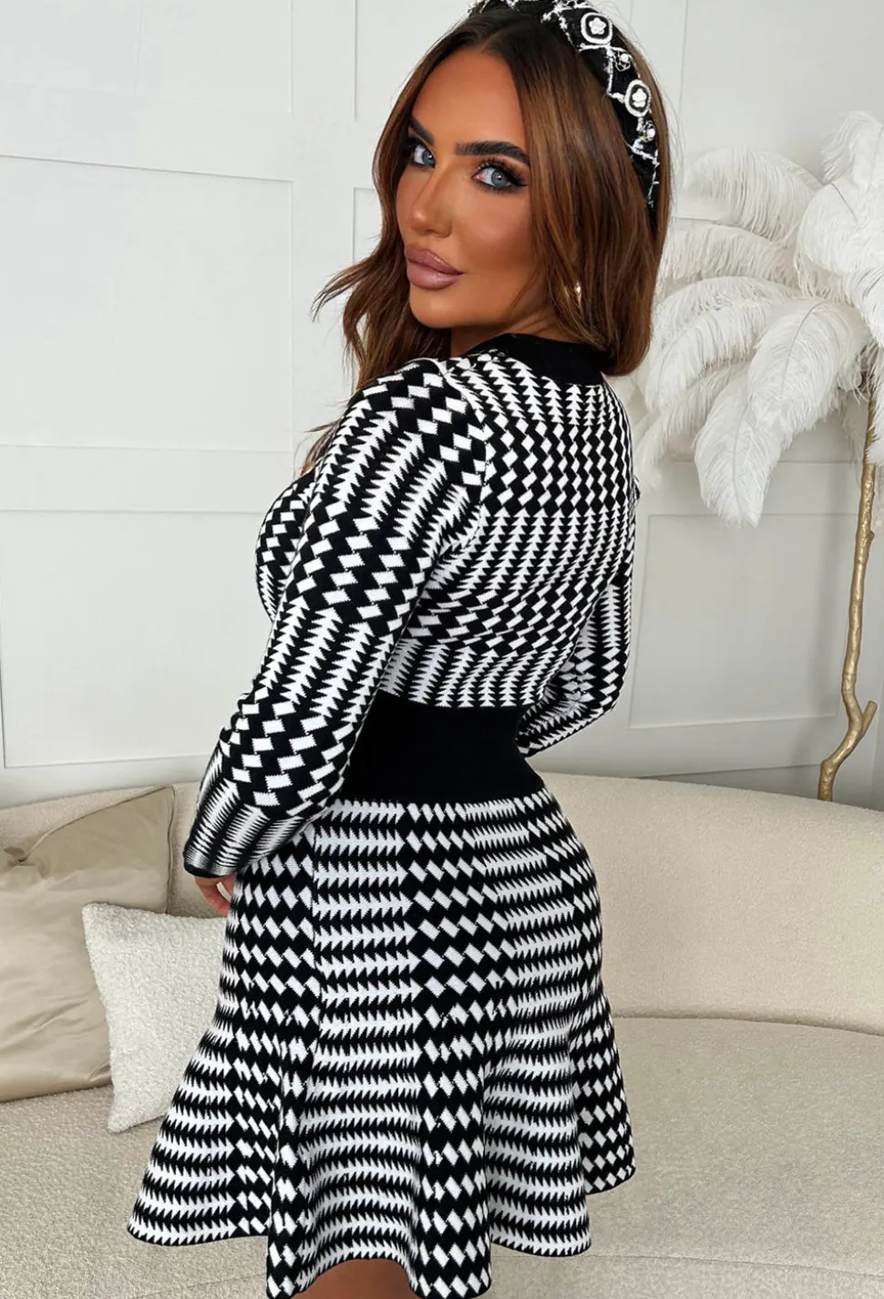 Thinking Of You Monochrome Check Knitted Cropped Jumper