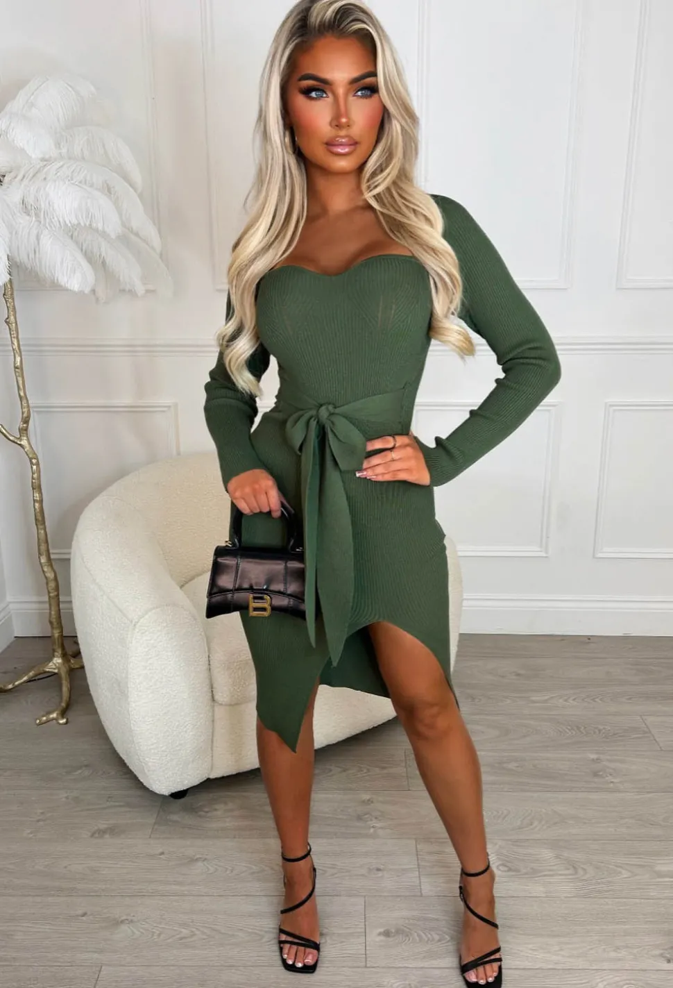 Tied To Love Khaki Tie Waist Long Sleeve Stretch Ribbed Knitted Midi Dress
