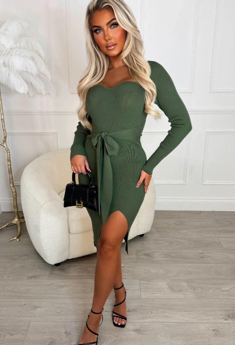 Tied To Love Khaki Tie Waist Long Sleeve Stretch Ribbed Knitted Midi Dress