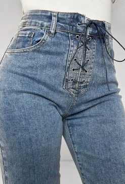 Tied Together Mid Blue Lace Up Stretch Straight Leg Jeans