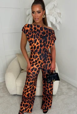 Trixabelle Orange Off Shoulder Ruched Leopard Jumpsuit