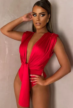 Twist of Faith Red Stretch Sleeveless Plunge Bodysuit