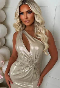 Twisted Goddess Gold Twist Side Ruched One Shoulder Side Split Dress