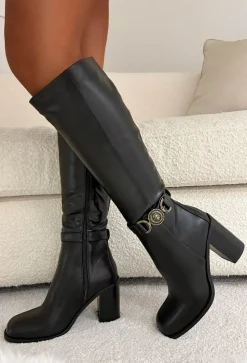Ultimate Flirt Black Knee High Lion Buckle Detail Boots