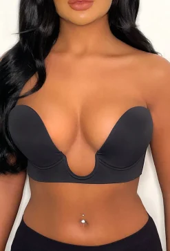Ultimate Push Up Deep Plunge Black Backless Stick On Side Panel Bra