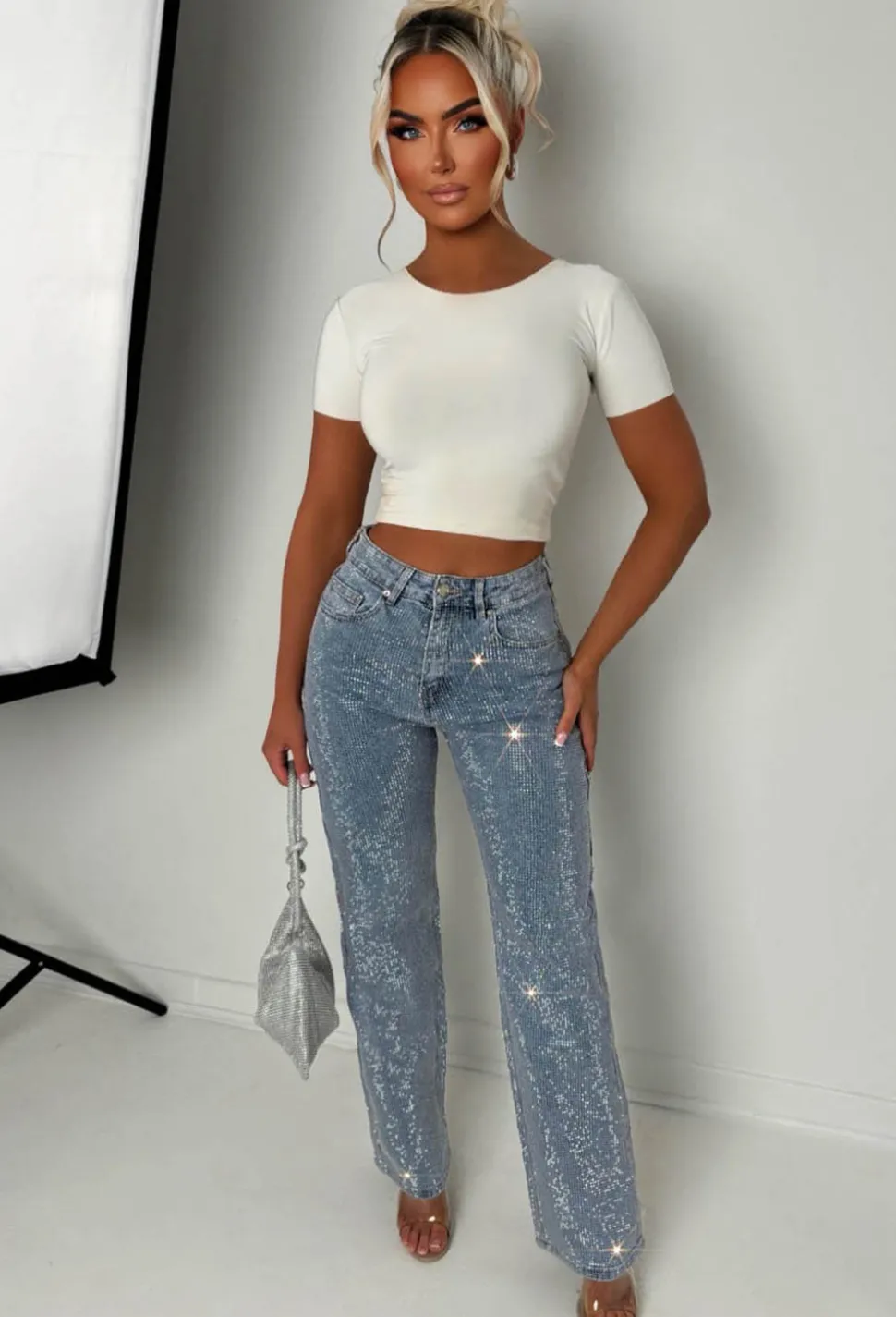 Ultimate Sparkle Mid Blue Straight Leg Stretch Diamante Jeans