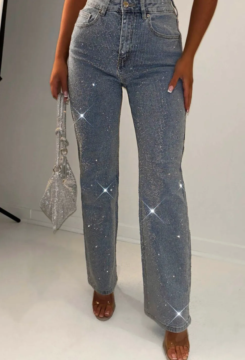 Ultimate Sparkle Mid Blue Straight Leg Stretch Diamante Jeans