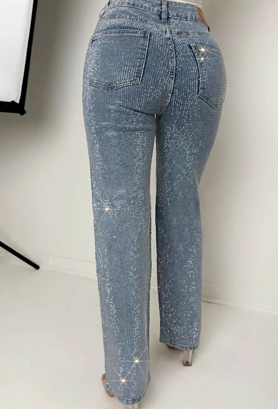 Ultimate Sparkle Mid Blue Straight Leg Stretch Diamante Jeans