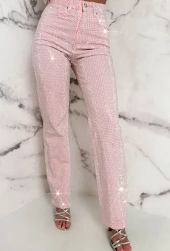 Ultimate Sparkle Pink Straight Leg Stretch Diamante Jeans