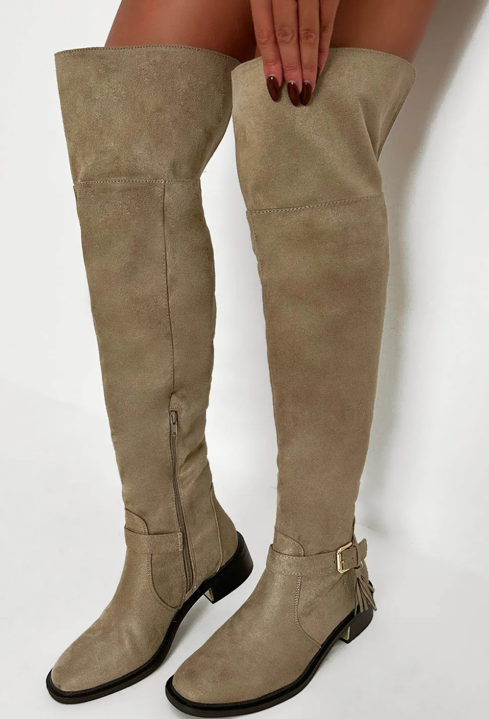 Unreal Love Taupe Faux Suede Thigh High Flat Boots
