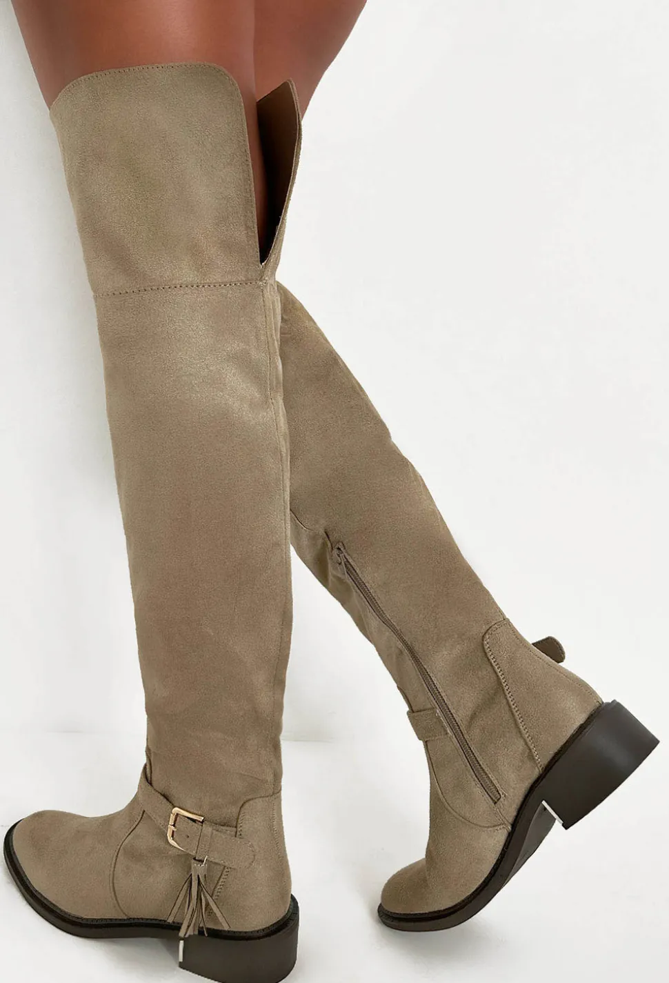 Unreal Love Taupe Faux Suede Thigh High Flat Boots