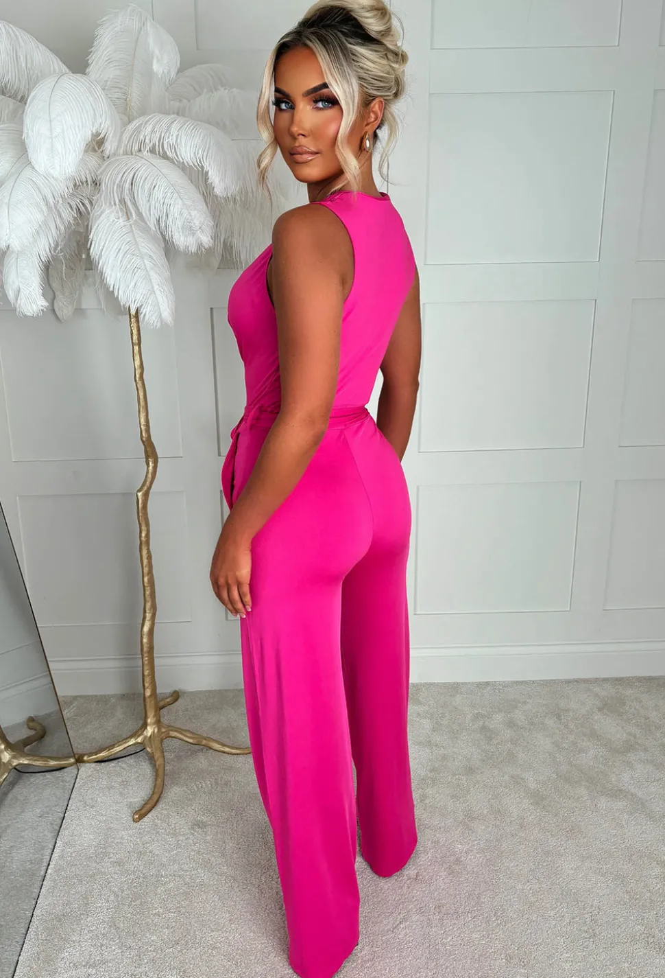 Vacay Tease Fuchsia Cross Front Belted Jumpsuit
