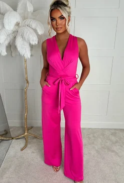 Vacay Tease Fuchsia Cross Front Belted Jumpsuit