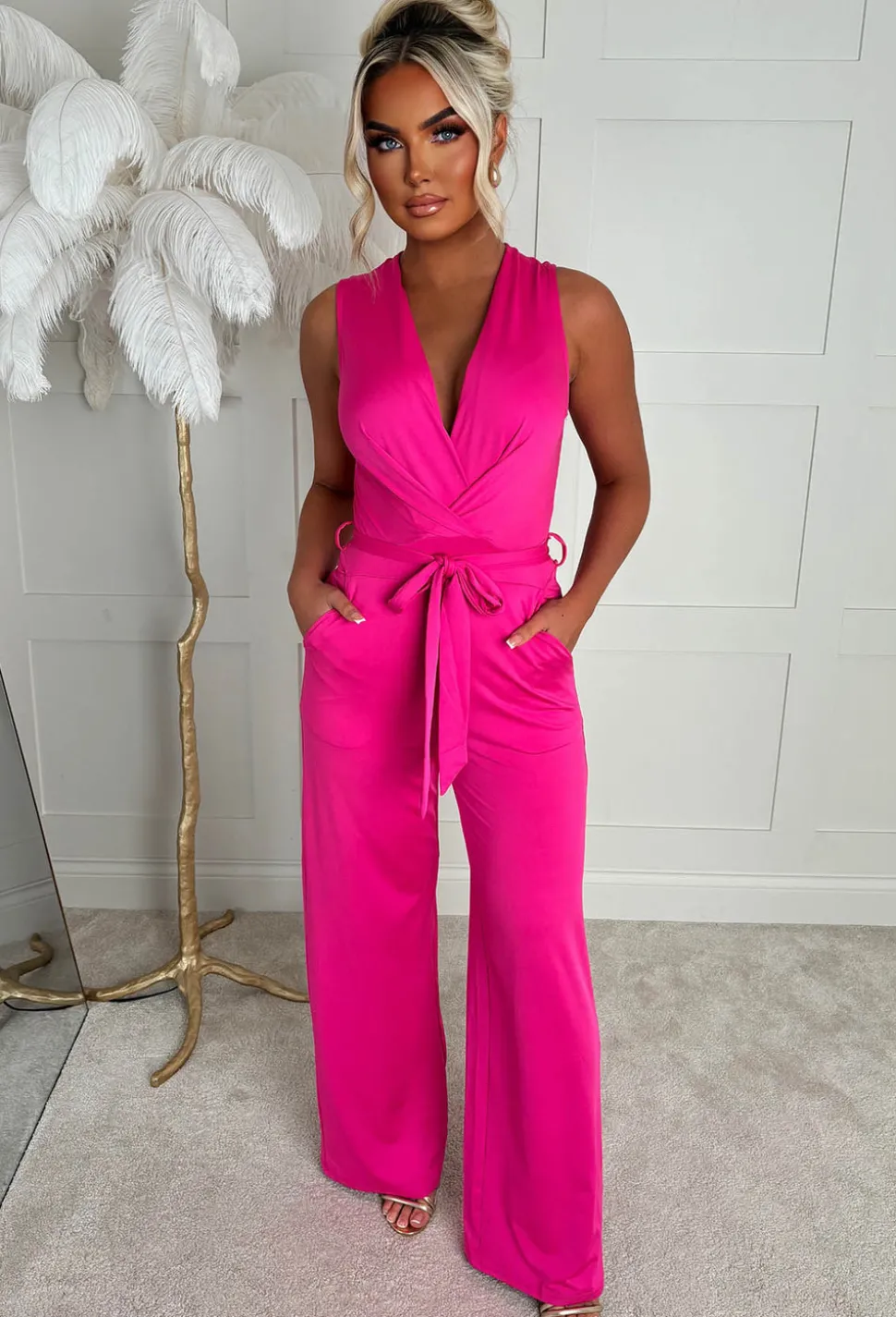 Vacay Tease Fuchsia Cross Front Belted Jumpsuit
