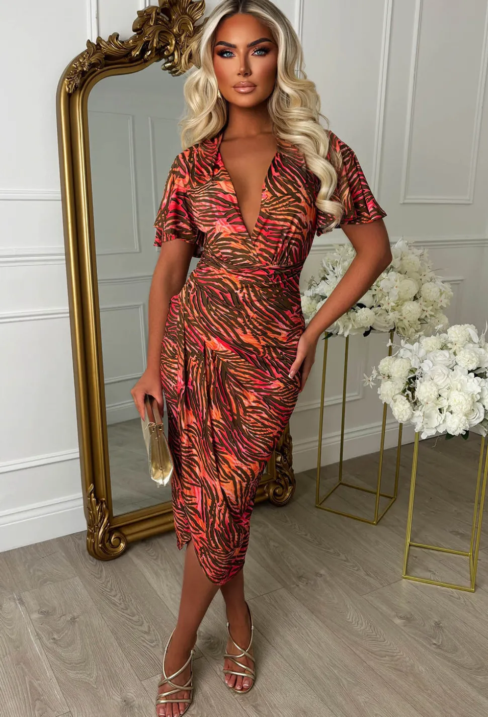 Venus Vibes Multi Zebra Print Ruched Side Midi Dress