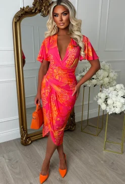 Venus Vibes Pink Abstract Print Ruched Side Midi Dress