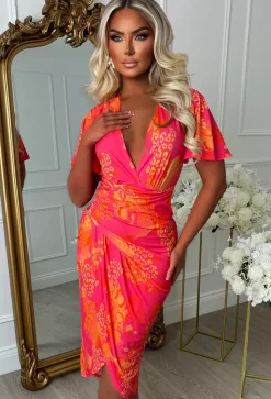 Venus Vibes Pink Abstract Print Ruched Side Midi Dress