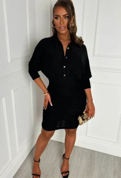 Victory Black Ruched Side Lurex Long Sleeve Shirt Dress