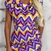 Vivid Dreams Purple Zig Zag Pattern Cowl Ruched Mini Dress