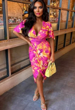 Vivid Glam Pink Stretch Printed Ruched Midi Dress