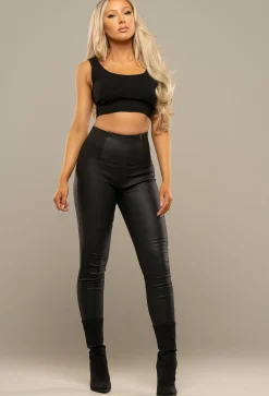 Waist Cincher Black Elasticated Faux Leather High Rise Leggings