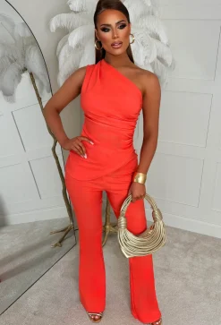 Want Her Coral Bengaline One Shoulder Zip Up Top
