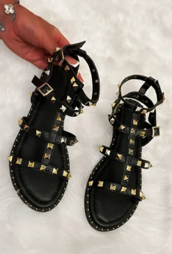 What A Stud Black Gold Studded Gladiator Sandals