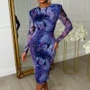 Wild & Demure Purple Mesh Long Sleeve Printed Midi Dress
