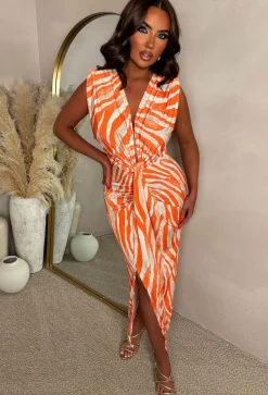 Wild & Longing Orange Twist Front Sleeveless Midi Dress