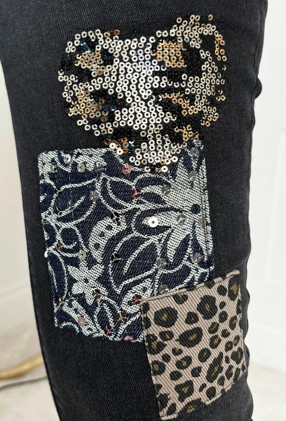 Wild Patch Black Stretch Sequin Patchwork Leopard Jeans