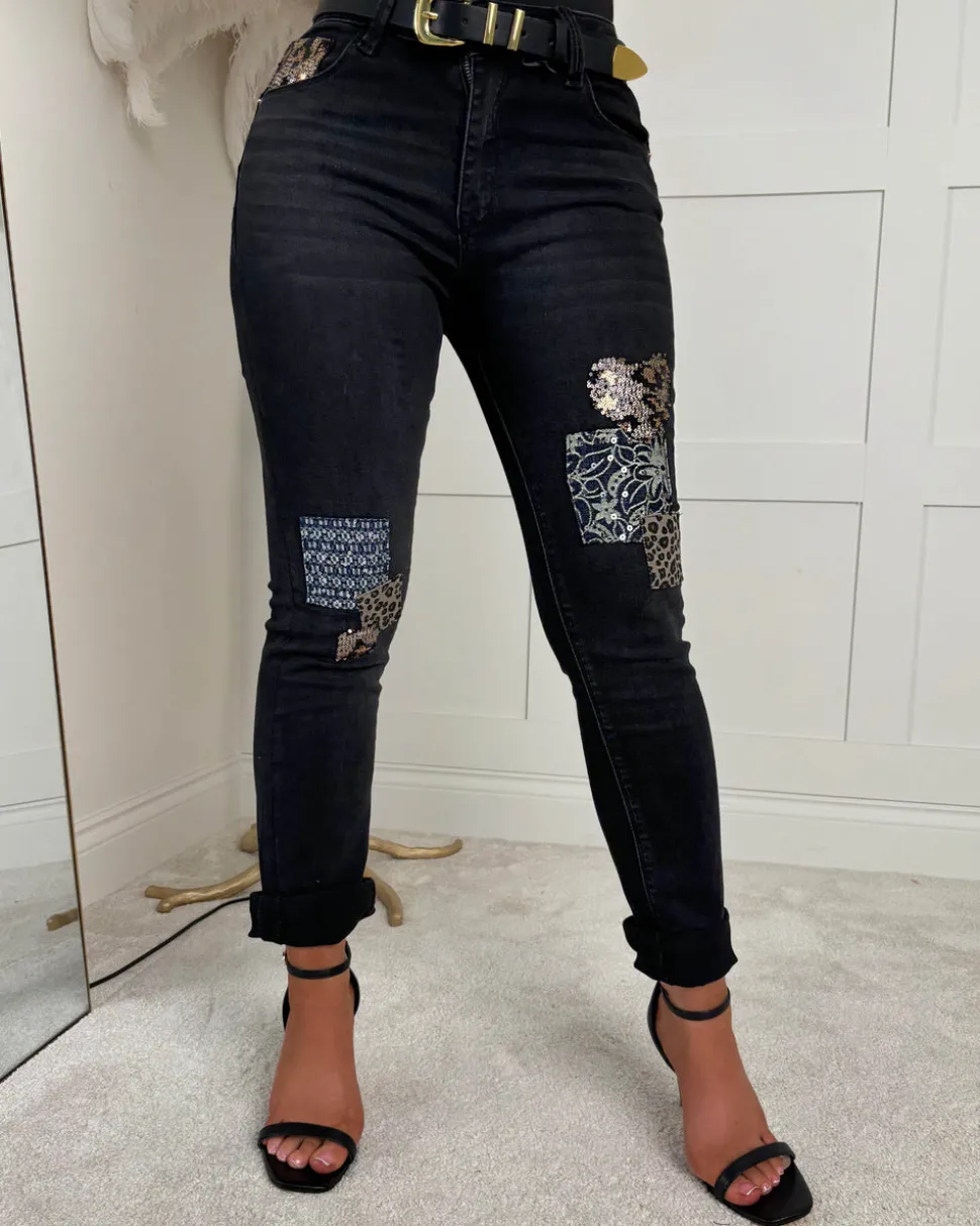 Wild Patch Black Stretch Sequin Patchwork Leopard Jeans