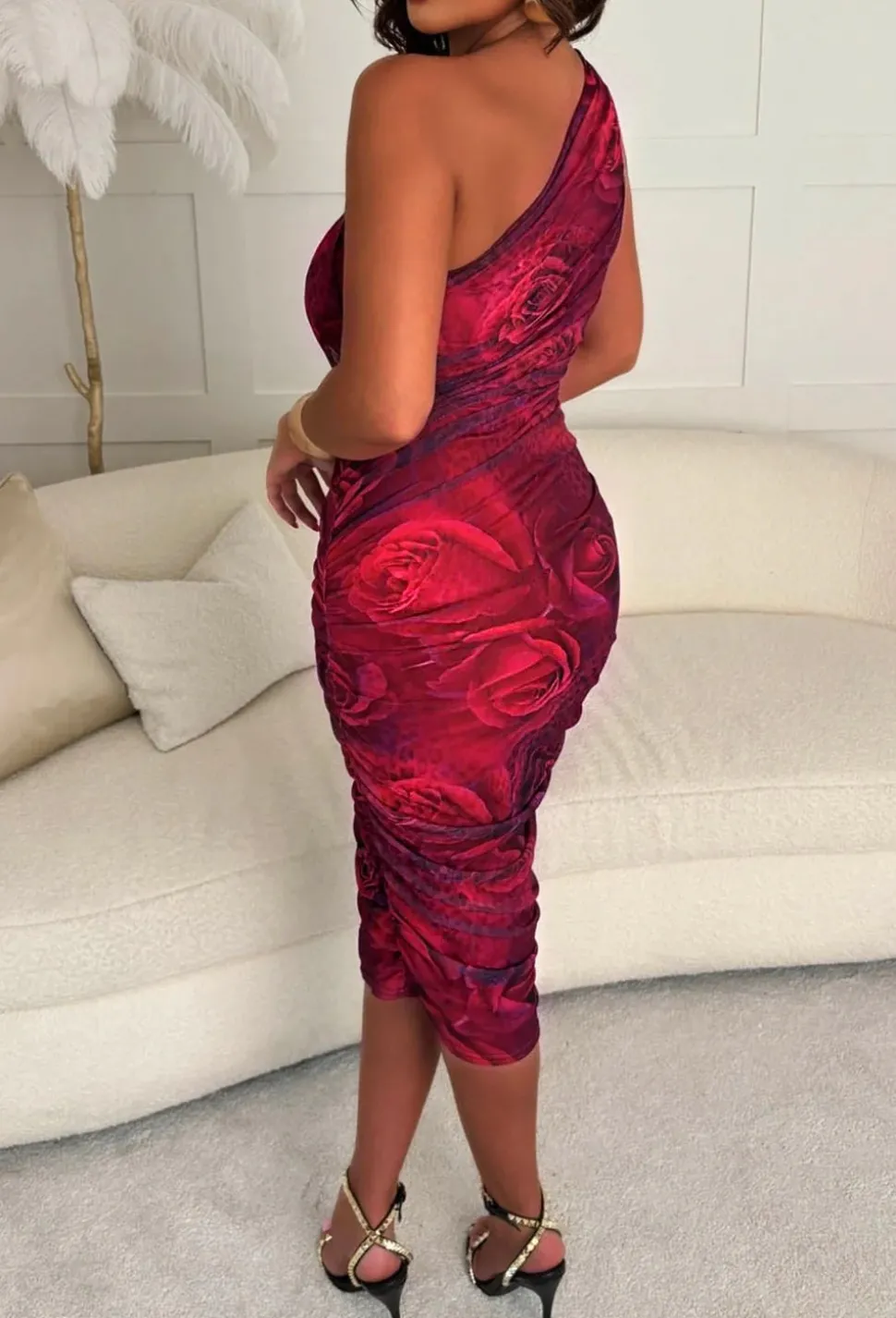 Wildest Love Pink One Shoulder Stretch Mesh Lined Ruched Midi Dress
