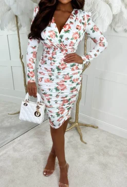 Wish For Love White Floral Long Sleeve Ruched Midi Dress