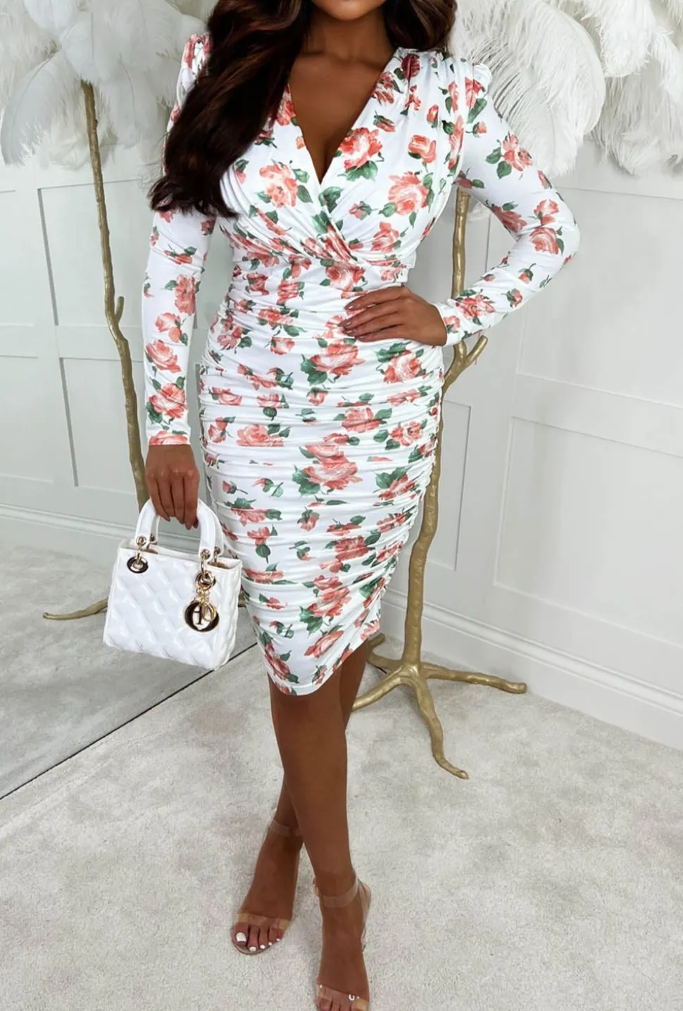 Wish For Love White Floral Long Sleeve Ruched Midi Dress