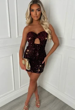 Wrap Me Up In Sparkle Burgundy Bow Front Sequin Bandeau Dress