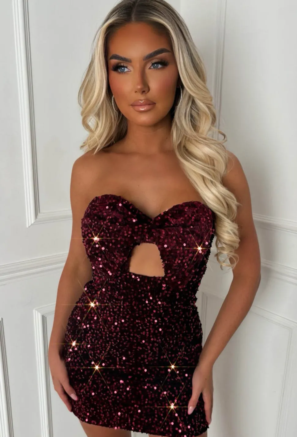 Wrap Me Up In Sparkle Burgundy Bow Front Sequin Bandeau Dress