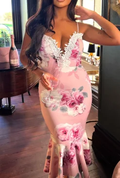 Wrapped In Love Pink Floral Lace Trim Midi Dress