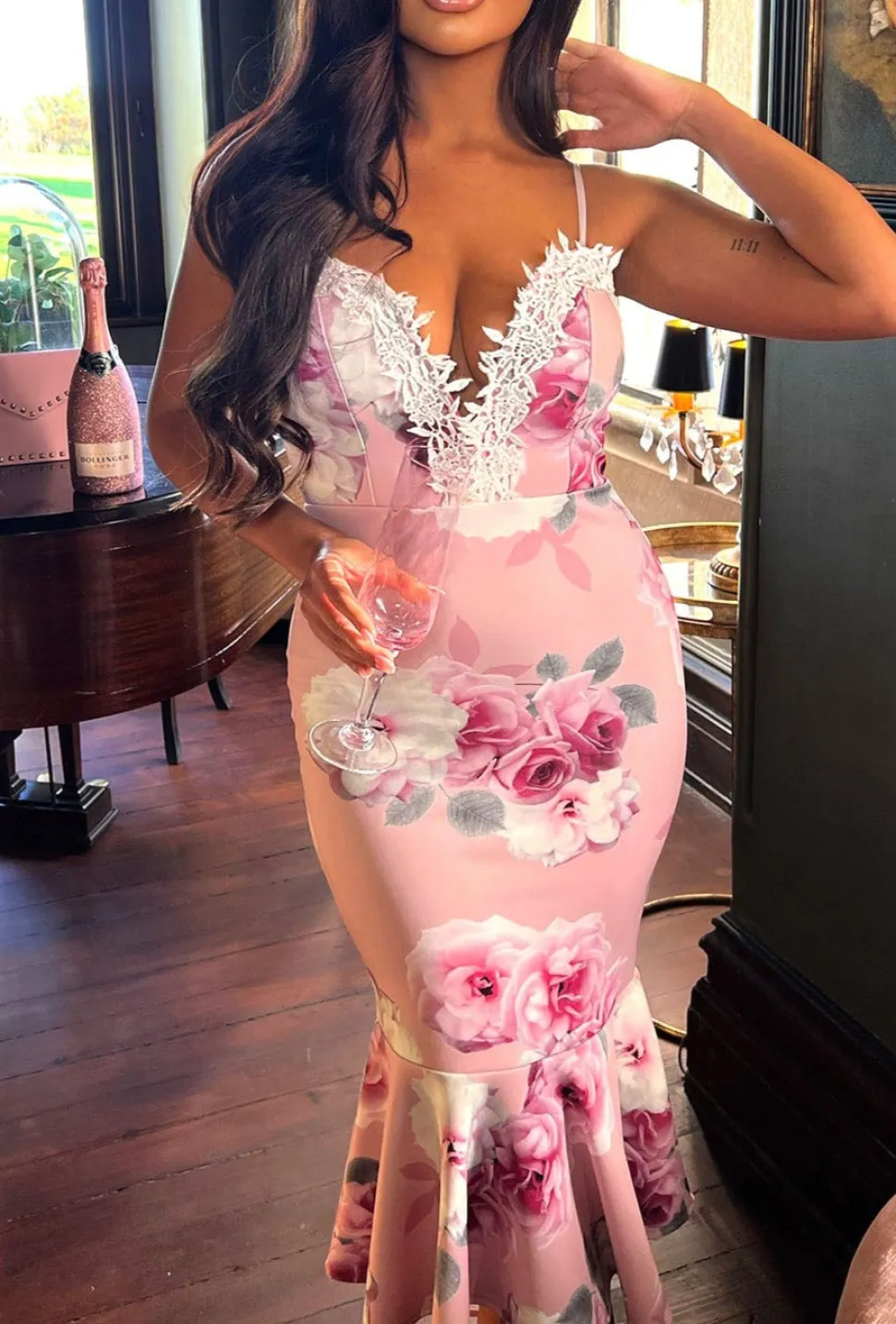 Wrapped In Love Pink Floral Lace Trim Midi Dress