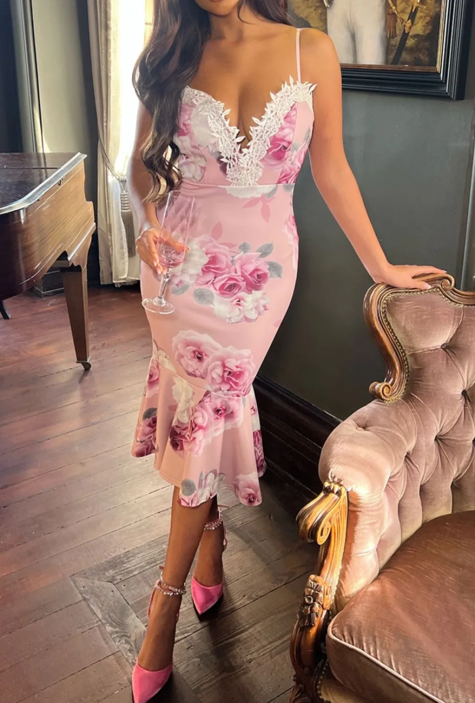 Wrapped In Love Pink Floral Lace Trim Midi Dress