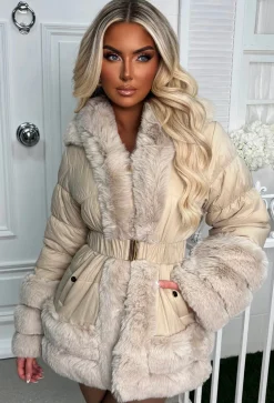 Wrapped In Magic Stone Faux Fur Trimmed Belted Puffer Coat