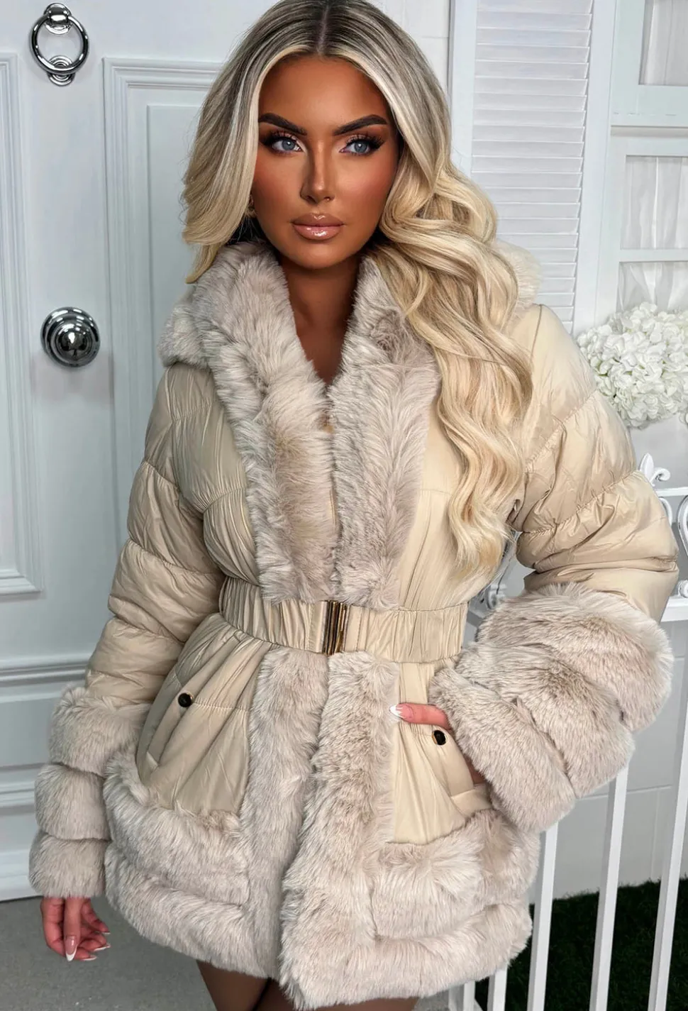 Wrapped In Magic Stone Faux Fur Trimmed Belted Puffer Coat